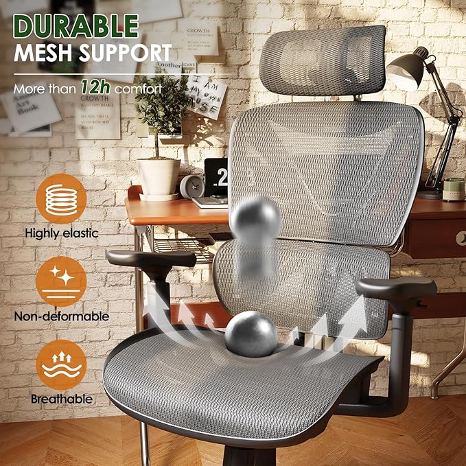 GABRYLLY Ergonomic Office Chair, Big and Tall Mesh Chair with Lumbar Support, 3D armrest - 215° Rotation, Adjustable Headrest & Soft Seat, Durable Desk Chair 350LBS for Work Gaming Computer,Grey