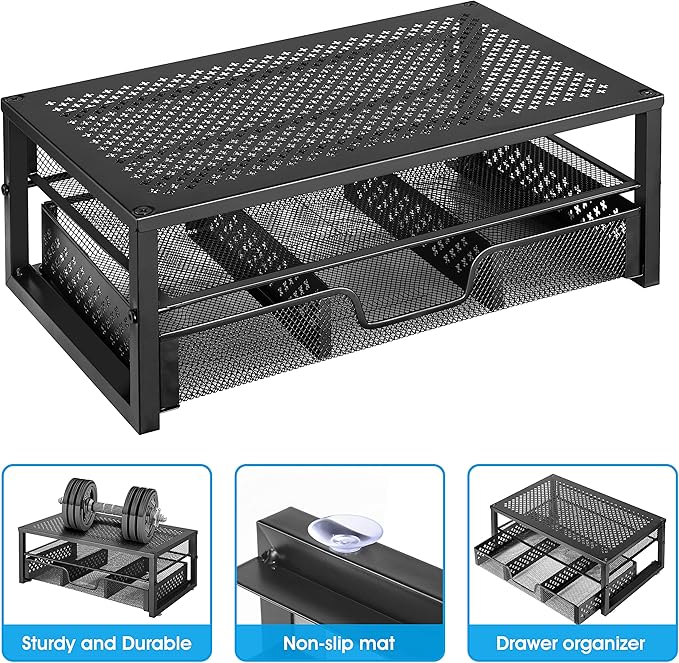 Simple Trending Metal Monitor Stand Riser and Computer Desk Organizer with Drawer for Laptop, Computer, iMac, Black