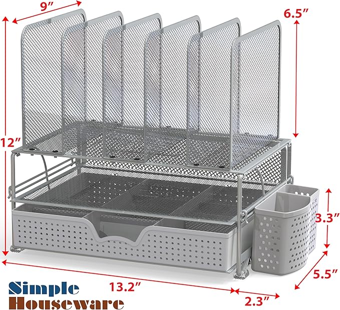 Simple Houseware Mesh Desk Organizer with Sliding Drawer, Double Tray and 5 Upright Sections, Silver