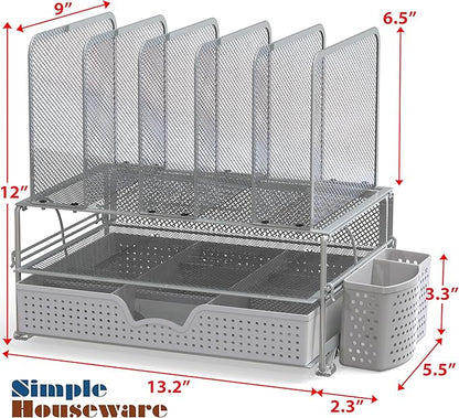 Simple Houseware Mesh Desk Organizer with Sliding Drawer, Double Tray and 5 Upright Sections, Silver