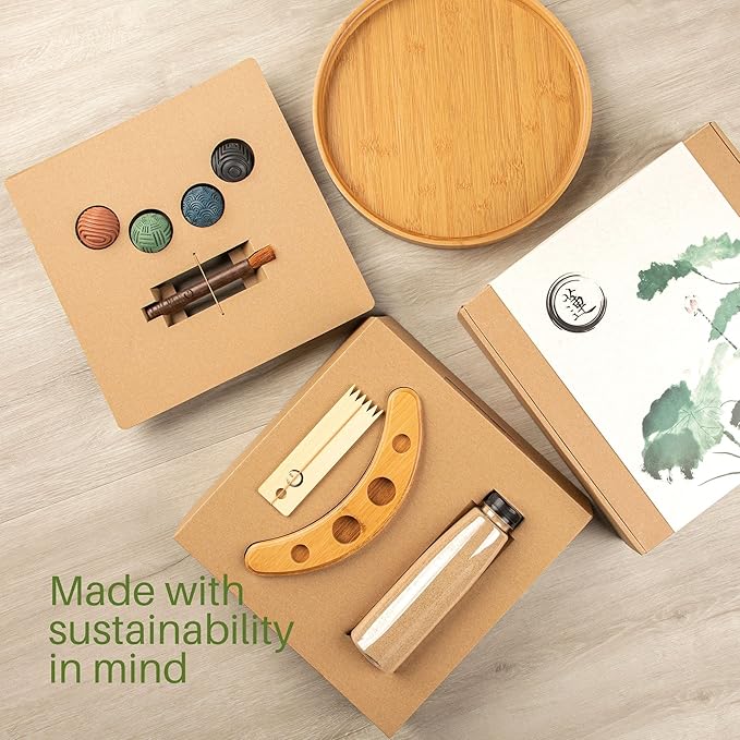 Japanese Zen Garden Kit for Desk - Premium Sand Garden - Mini Zen Décor Office Desktop Accessories - Bamboo Crafted Meditation Therapy Tray - Gift Set - 4 Stamp Spheres Natural Rake Custom Holder