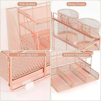 gianotter Paper Letter Tray Organizer with File Holder, 4-Tier Desk Accessories & Workspace Desk Organizers with Drawer and 2 Pen Holder for Office Supplies (Rose Gold)