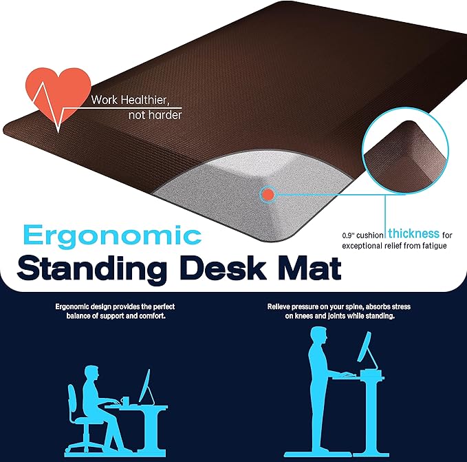 FEATOL Anti Fatigue Mat Floor Mat, Extra Thick Standing Office Desk Mat Memory Foam Cushioned Anti Fatigue Ergonomic Kitchen Mats Comfort Standing Pad NOT PVC 9/10 Inch Thick (20" x 39, Brown)