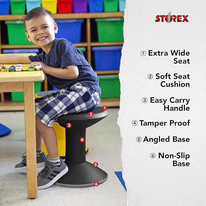 Storex Wiggle Stool – Active Flexible Seating for Classroom and Home Study, Adjustable 12-18 Inch Height, Black (00300U01C)