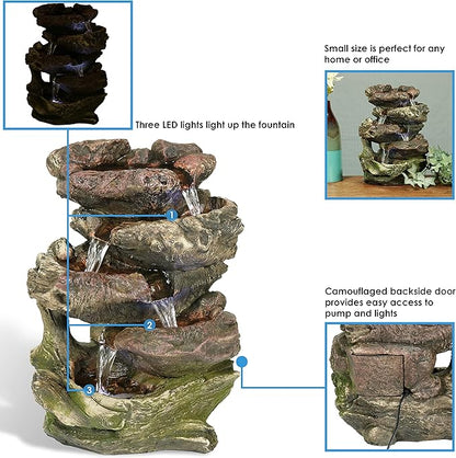 Sunnydaze 14-Inch 5-Step Indoor Tabletop Fountain with LED Lights - Electric Submersible Pump - Polyresin and Fiberglass