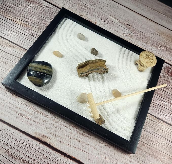 Zen Sand Garden for Desk with Rake, Rocks and Figures (Medium)