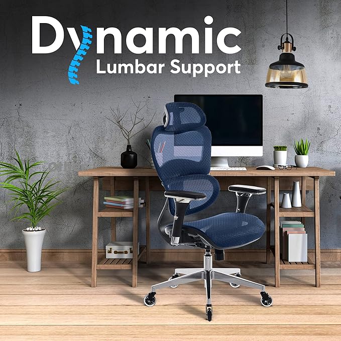 Oline ErgoPro Ergonomic Office Chair - Rolling Desk Chair with 4D Adjustable Armrest, 3D Lumbar Support and Blade Wheels - Mesh Computer Chair, Gaming Chairs, Executive Swivel Chair (Navy Blue)