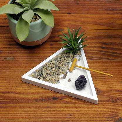 Nature's Mark Mini Zen Garden Kit for Desk with White Sand, Rake, White Base, Salt Rock and Air Plant (Triangle)