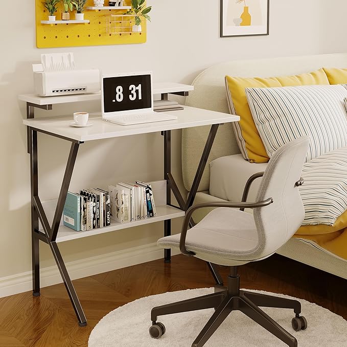 COTUBLR Small Desk, Small Computer Desk for Small Spaces, 27.5 Inch Computer Desk with Adjustable Monitor Stand, Compact Desk with Storage for Bedroom Home Office, White Tabletop+Black Frame